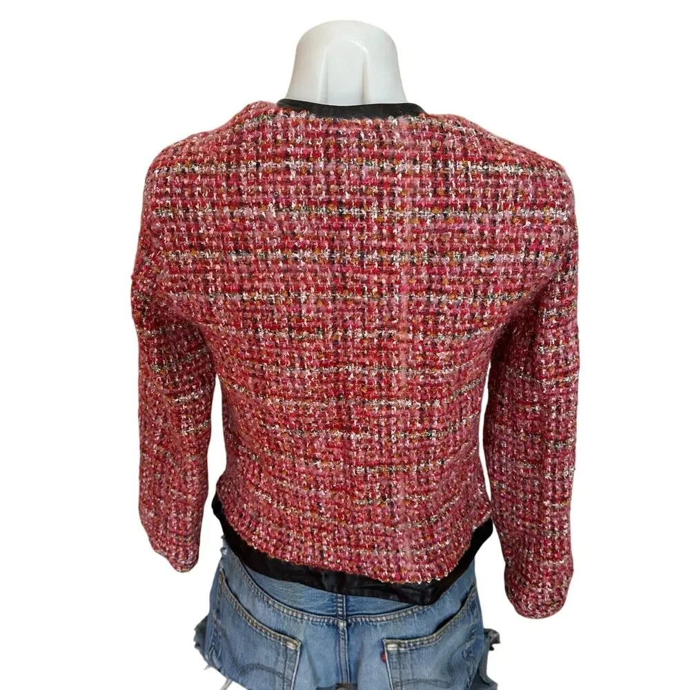English Factory Pink Tweed Blazer LARGE Boxy Boucle Faux Leather Clueless $210 - Picture 7 of 10